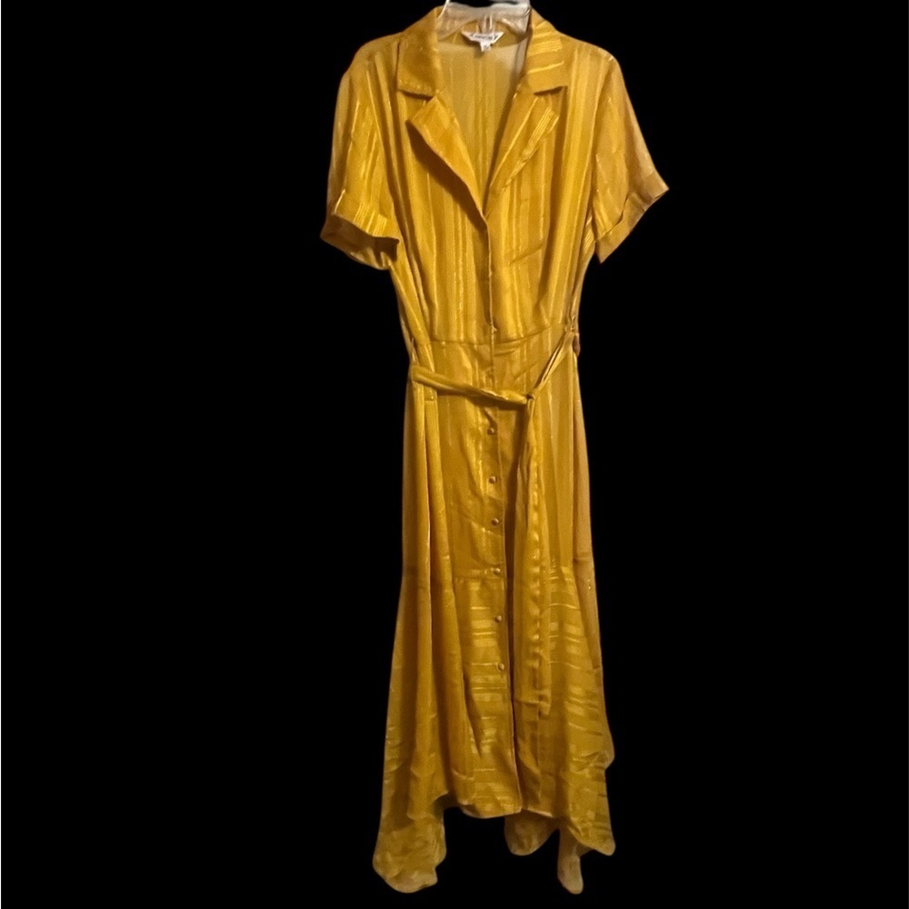 NWT Nanette Lepore Sheer Gold Sz 8 Shimmer Flowing button up belted Maxi dress - Picture 3 of 8